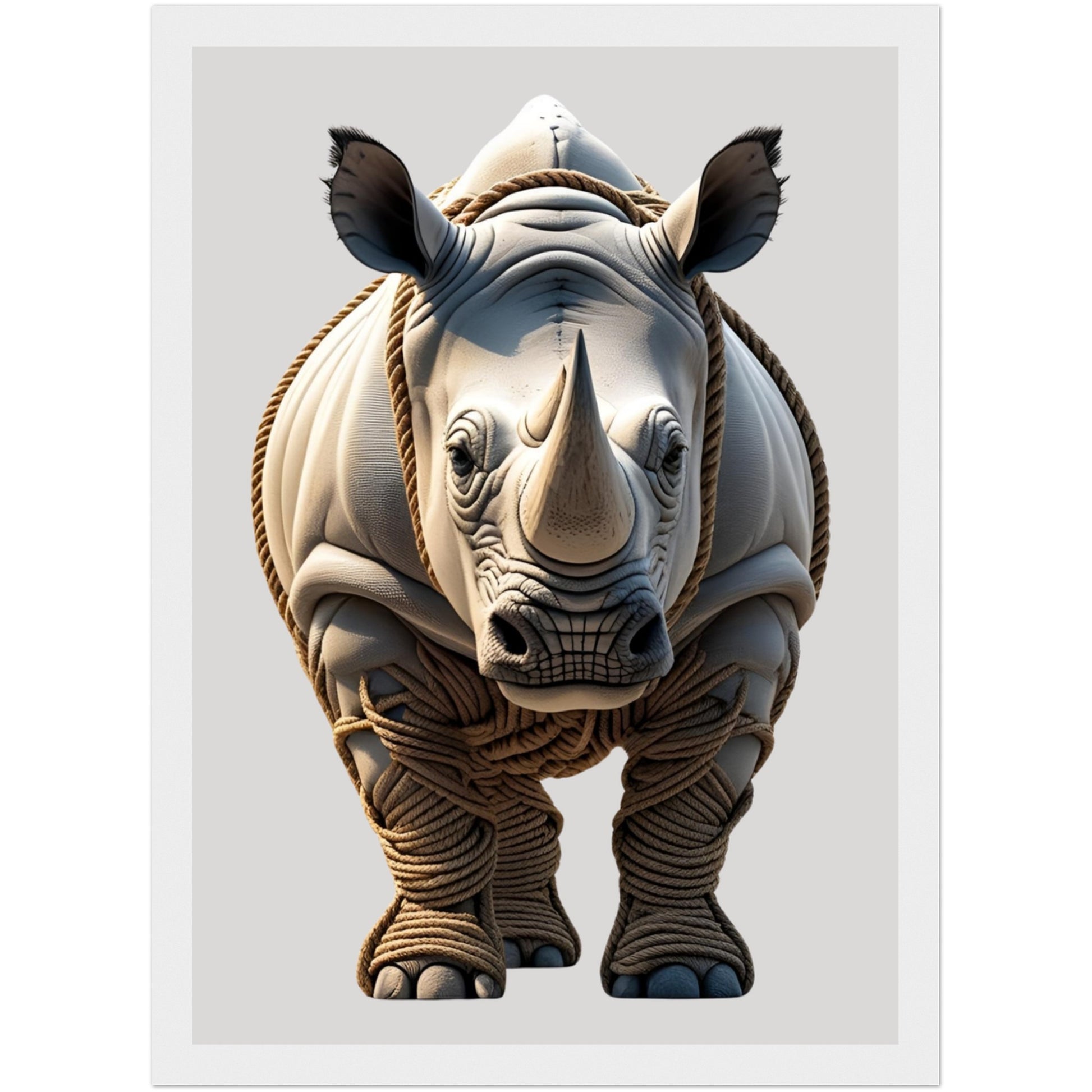 Detailliertes 3D Nashorn aus Seilen als gerahmtes Poster im hellen Holzrahmen – stilvolle Wandgestaltung für Wohnräume und Büros