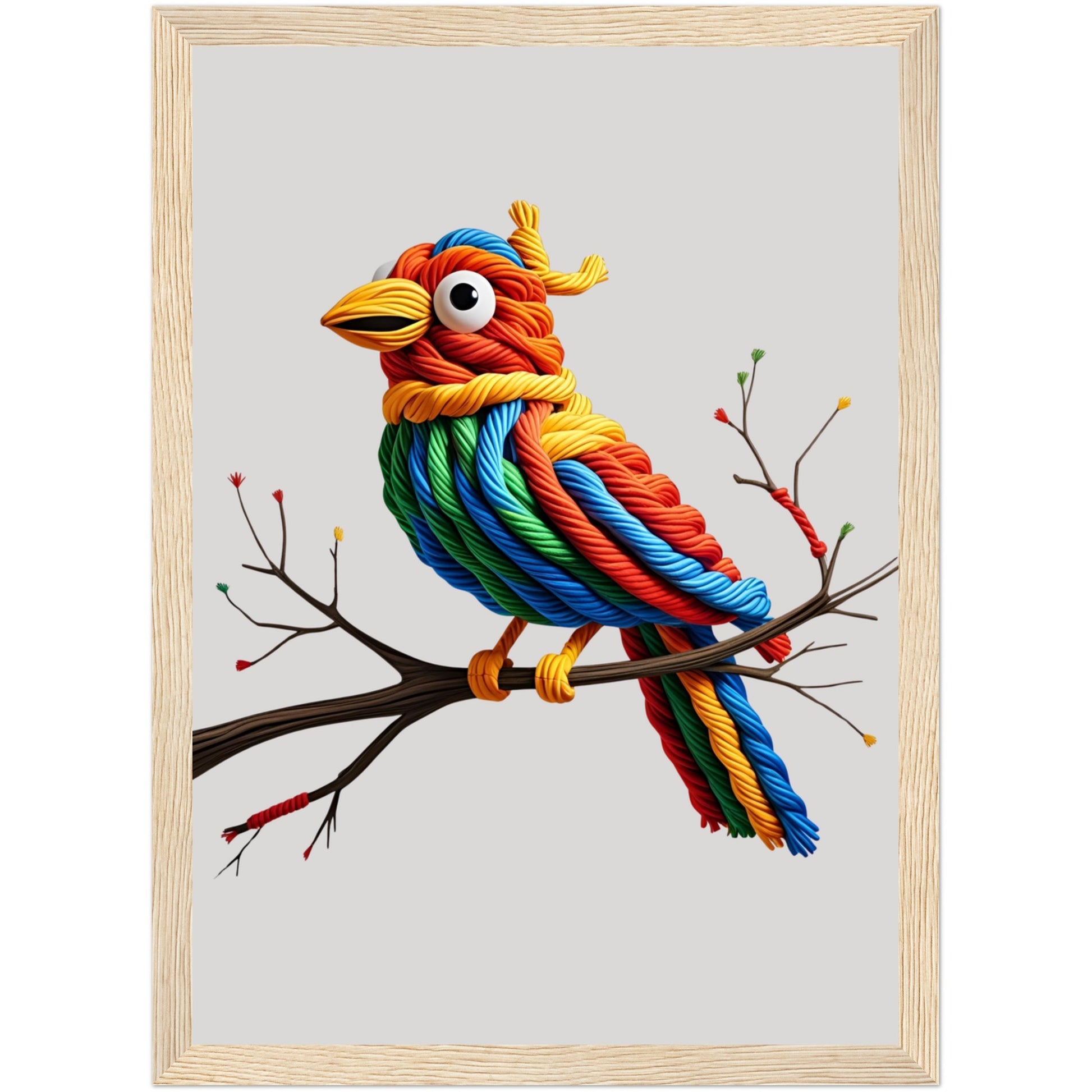 3D-Effekt Poster mit buntem Vogelmotiv aus Seil im dunklen Holzrahmen – lebendige Naturkunst für moderne Räume