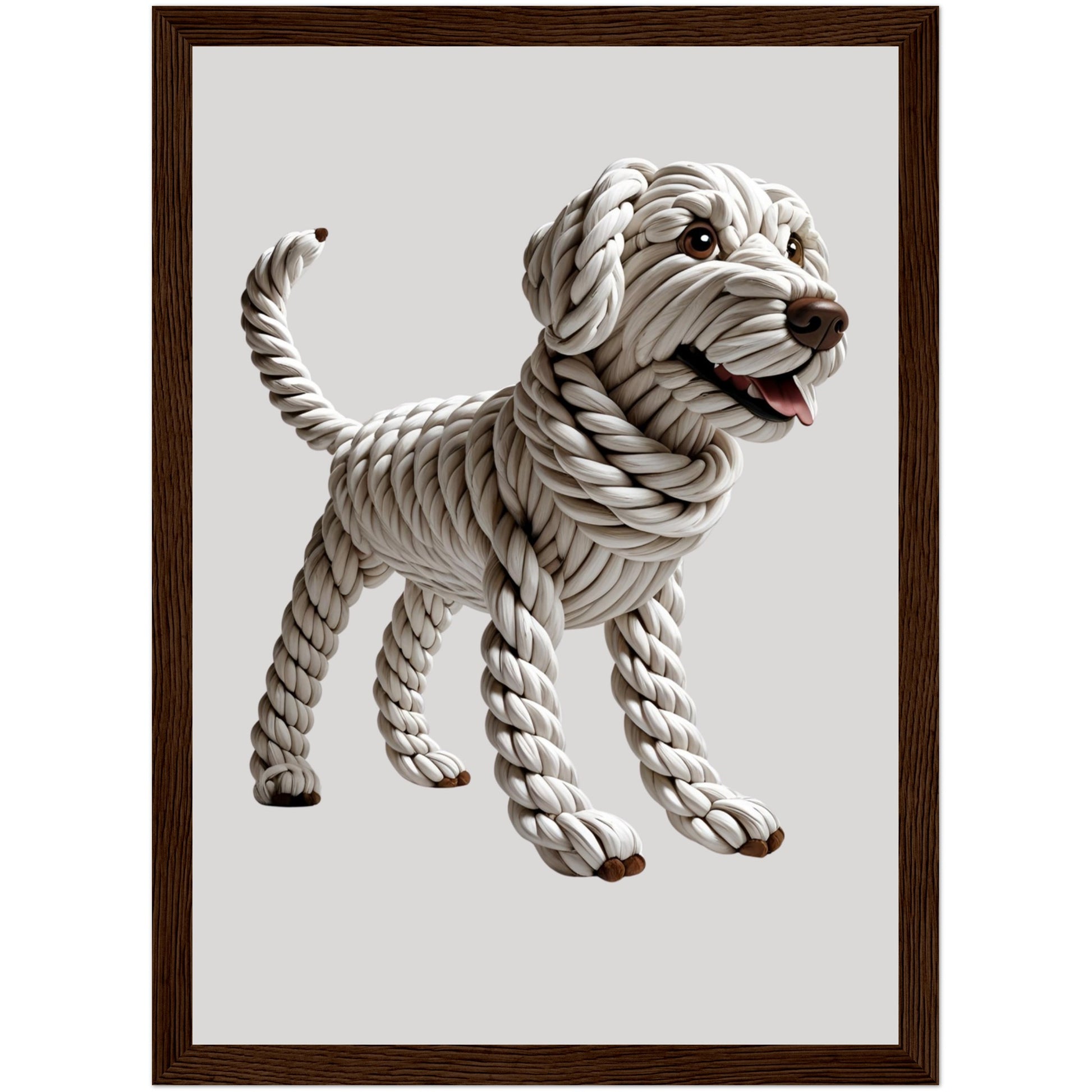 Poster mit Hund aus Seilen und herausgestreckter Zunge, 3D-Optik im dunklen Holzrahmen – originelle Tier-Wanddekoration für Zuhause