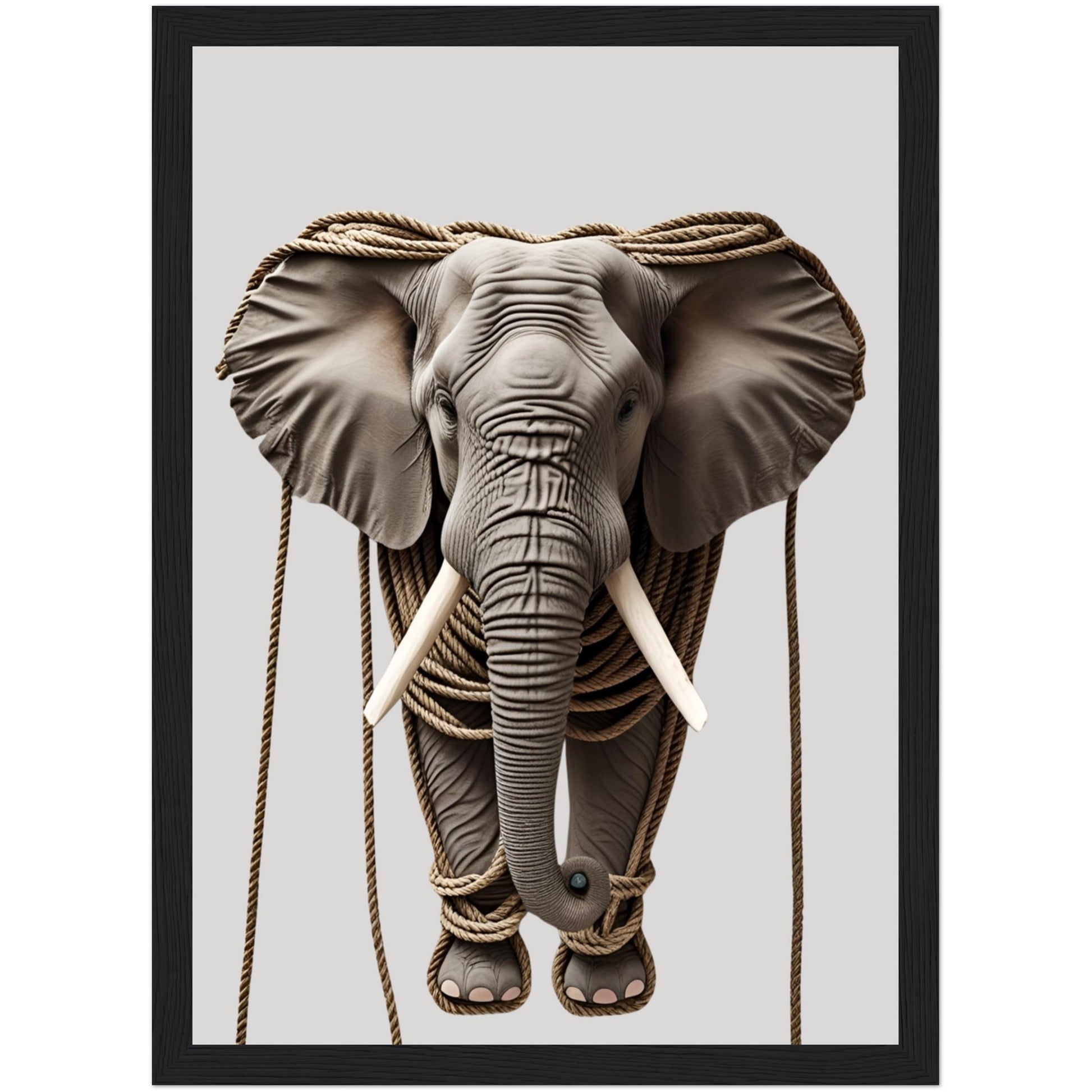 Afrika Poster mit Elefant und handwerklichen Seilakzenten im schwarzen Holzrahmen – markante Wandgestaltung mit Tiermotiv