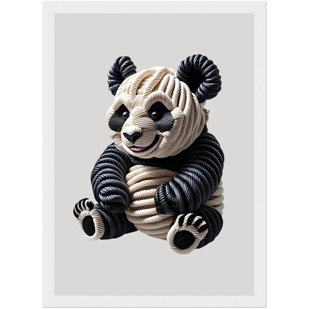 Süßes Panda-Motiv aus Seilen mit realistischer 3D-Optik in hellem Holzrahmen – stilvolle Wandgestaltung für Kinderzimmer oder Wohnräume