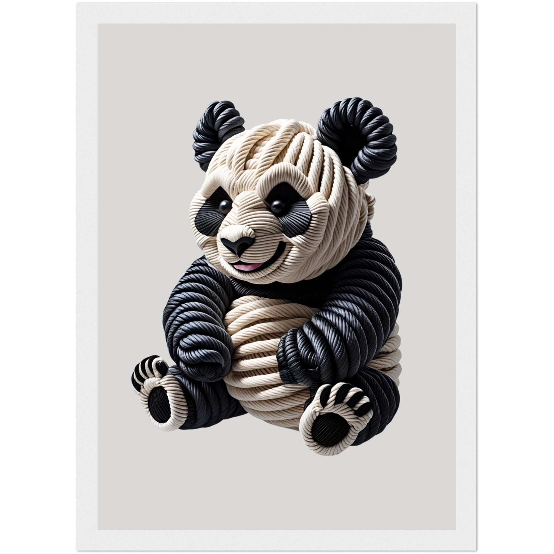 Süßes Panda-Motiv aus Seilen mit realistischer 3D-Optik in hellem Holzrahmen – stilvolle Wandgestaltung für Kinderzimmer oder Wohnräume