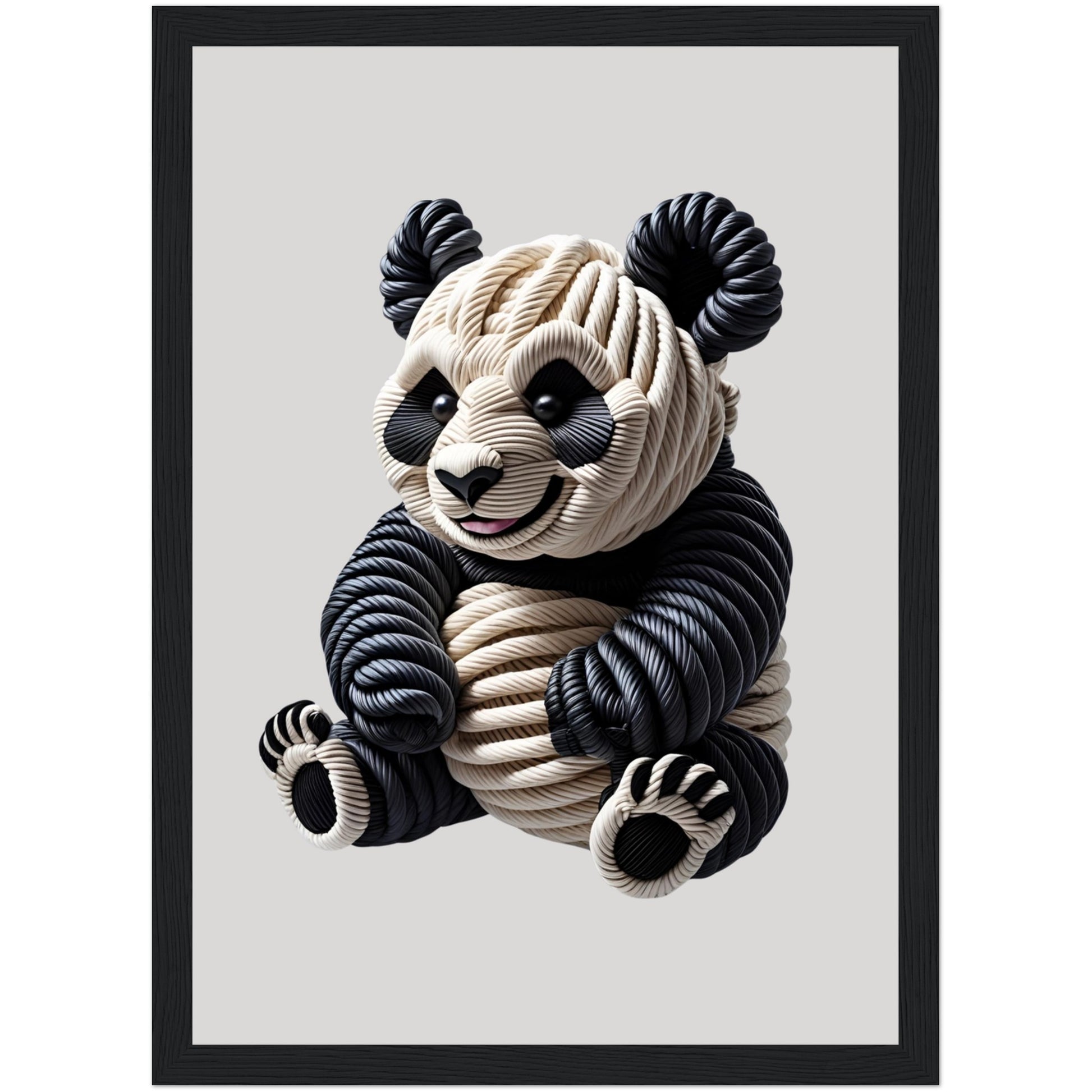 Schwarz-weißes Panda Poster mit 3D-Seiloptik im schwarzen Holzrahmen – moderne Wanddeko für Tierliebhaber in jedem Raum