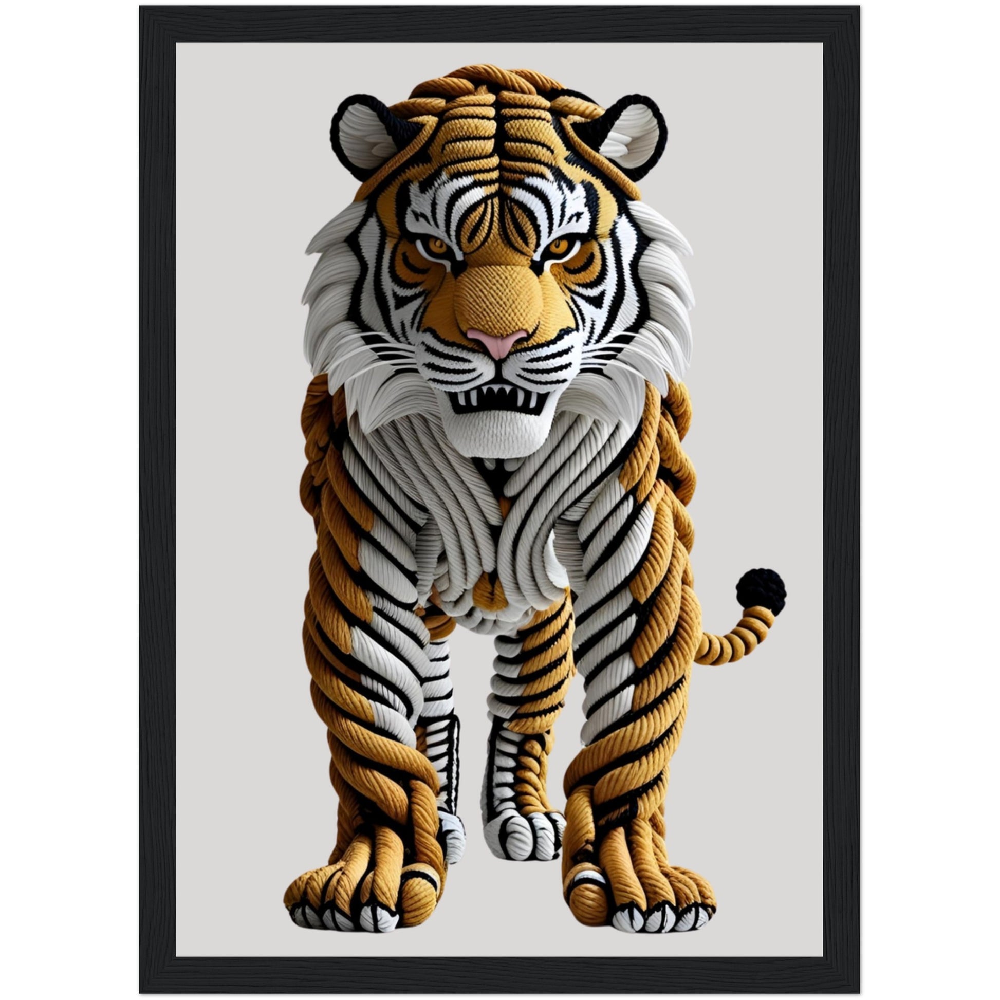 3D-Tigerposter aus Seil mit handgefertigtem Holzrahmen in Schwarz – kraftvolle Tierkunst für stilvolle Wohnräume