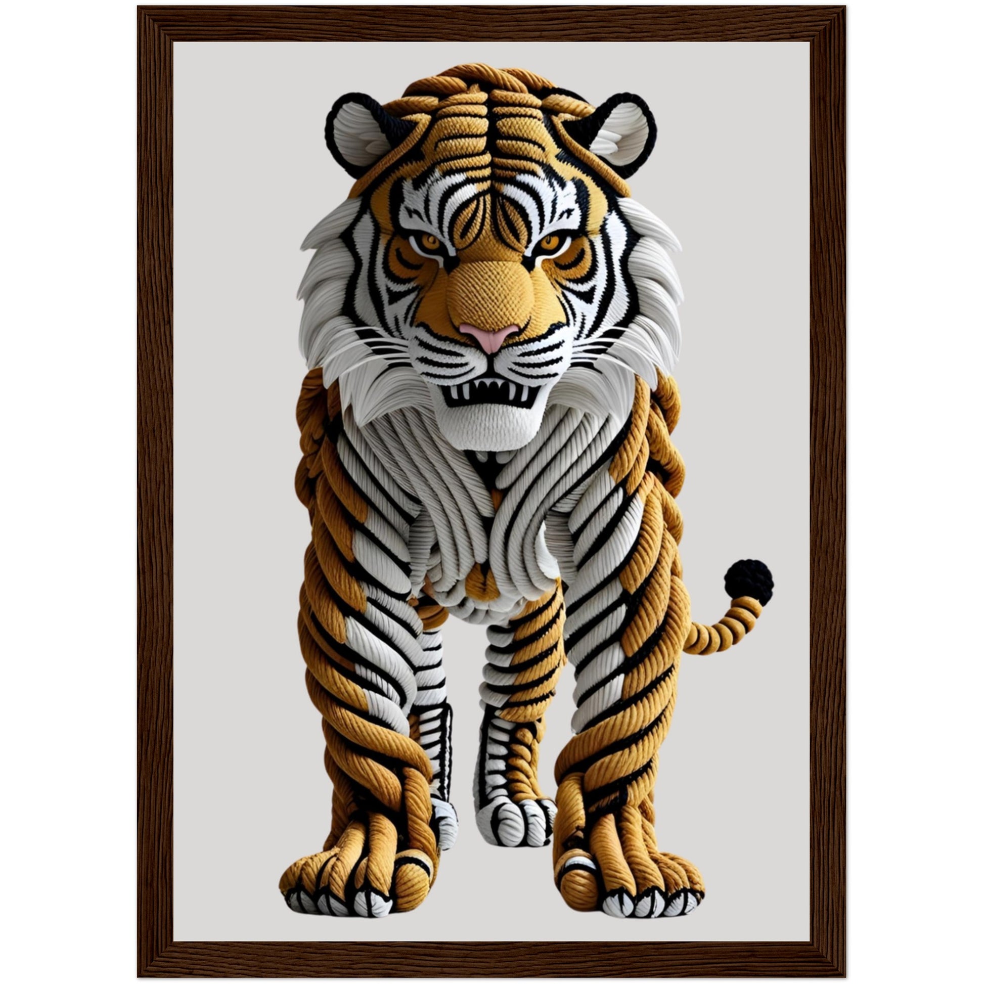 Tiger Motiv aus Seilen mit plastischem 3D-Effekt im dunklen Holzrahmen – ausdrucksstarkes Tierposter für moderne Wanddeko