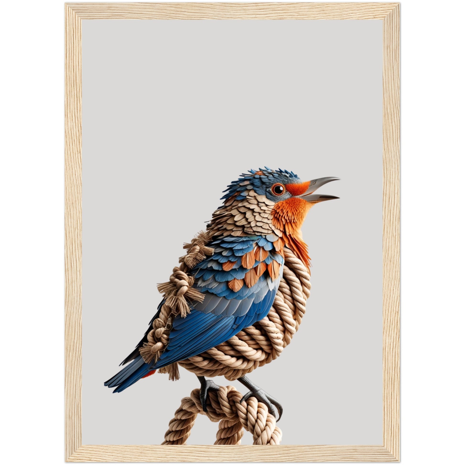 Poster Vogel auf Ast mit 3D-Effekt in Braun & Orange – gerahmt in hellem Holz, erhältlich in A3