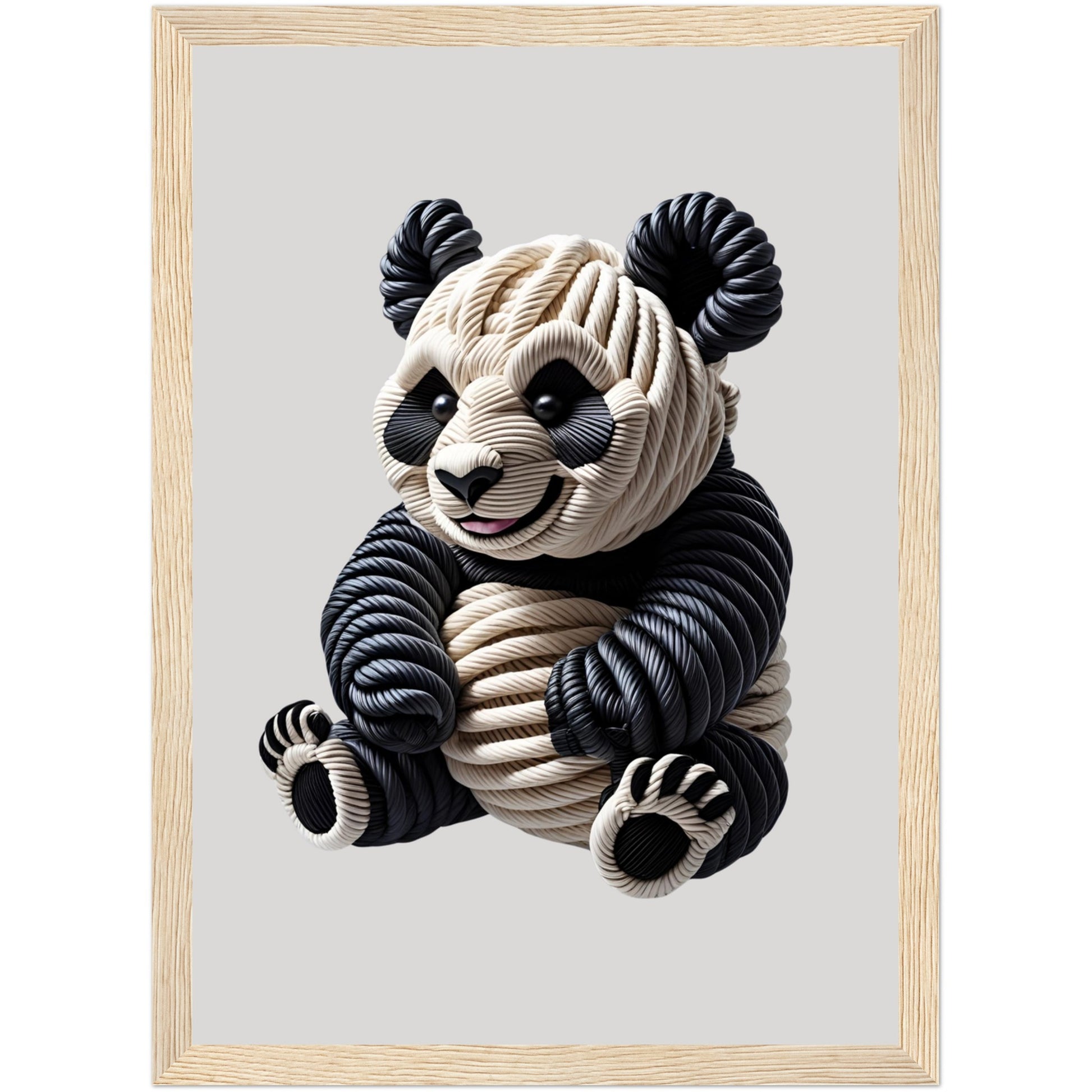 Panda-Kunstwerk aus Seilen mit Tiefe und Struktur, Schwarz-Weiß Poster im naturbelassenen Holzrahmen als sanfte Tierdeko